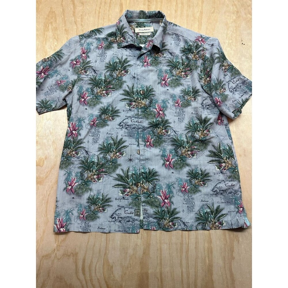 Tommy Bahama‎ 100% Silk “Gulf Of Mexico” L Cuba Caribbean Gray